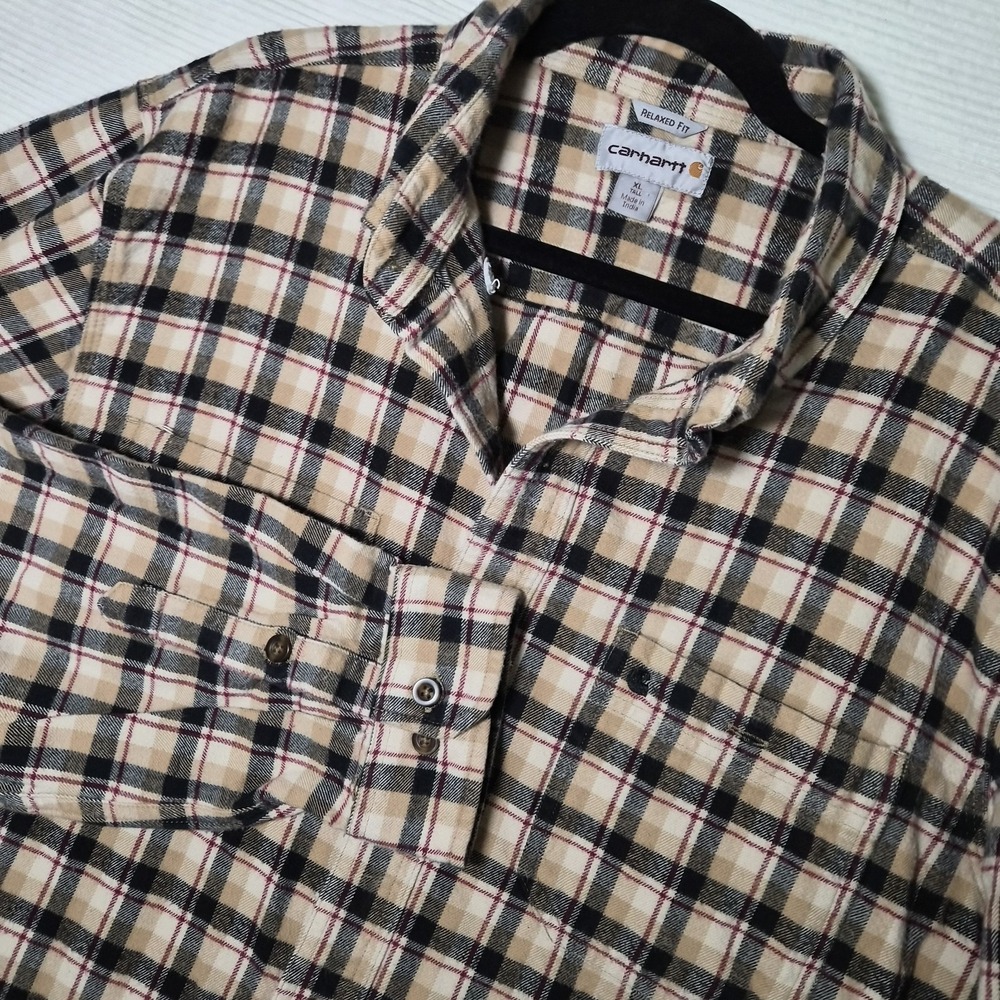 Carhartt Flannel Shirt Men's XL Tall Beige Plaid Button Up Relaxed Fit Workwear